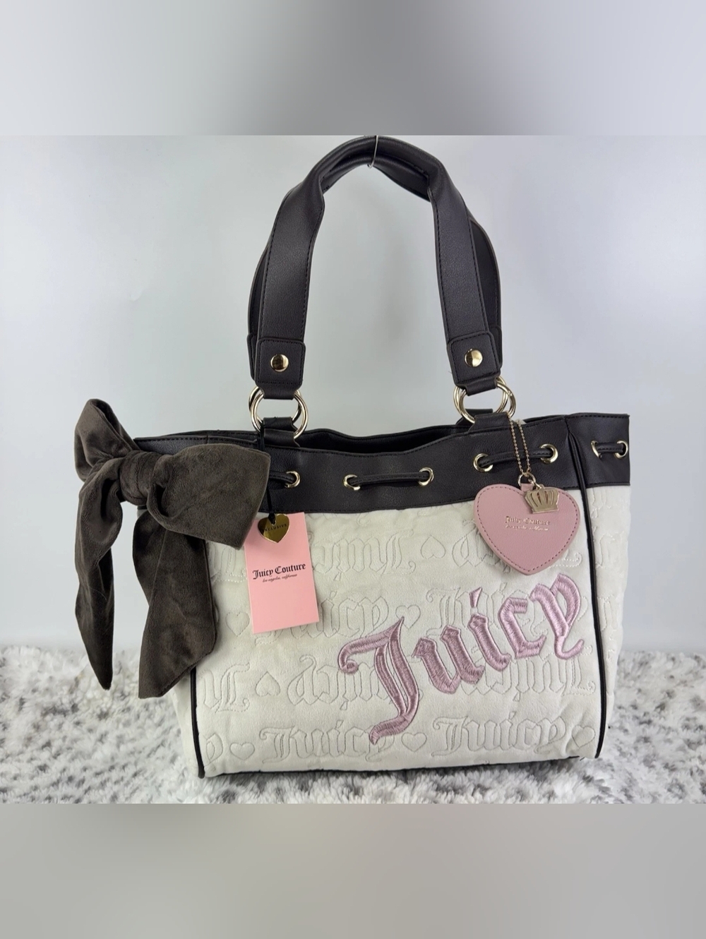 Juicy Couture Cream & Pink Embroidered Tote Bag with Dark Brown Trim